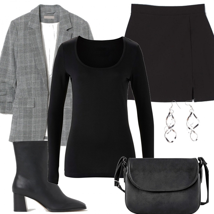 Outfit donna - Stile trendy. Stile Trendy per Ufficio. Abbinamento con t-shirt sportive, borse a tracolla, minigonne, orecchini, blazer, stivaletti.