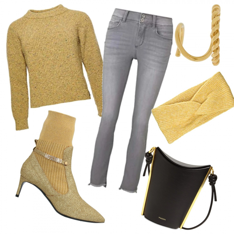 Outfit donna - Grigio e ocra per il pomeriggio!. Stile Trendy per Tutti i giorni. Abbinamento con stivaletti, orecchini, fasce per capelli, borse a spalla, maglioni, pantaloni skinny.