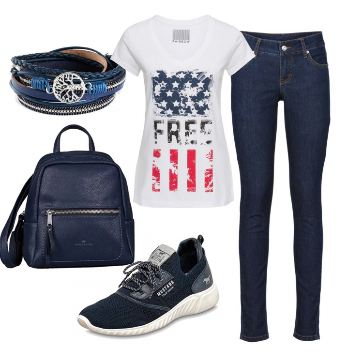 Outfit donna - Basic #6814. Stile Basic per Scuola/Università. Abbinamento con jeans skinny, maglieria, braccialetti, sneakers, zaini.