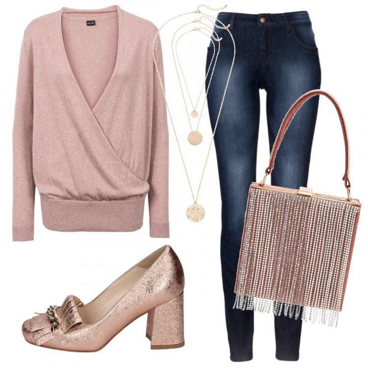 Outfit donna - Tacchi e jeans per una serata easy. Stile Trendy per Serata fuori. Abbinamento con jeans skinny, maglieria, ciondoli, borse a mano, décolleté.
