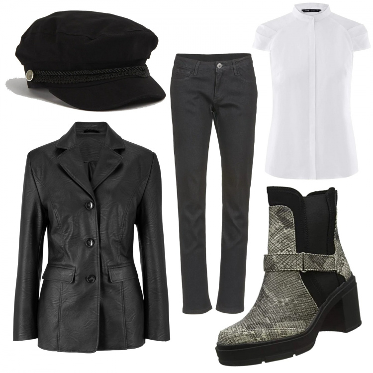 Outfit donna - Basic. Stile Rock per Tutti i giorni. Abbinamento con blazer, cappelli con visiera, jeans, camicie a manica corta, stivali.