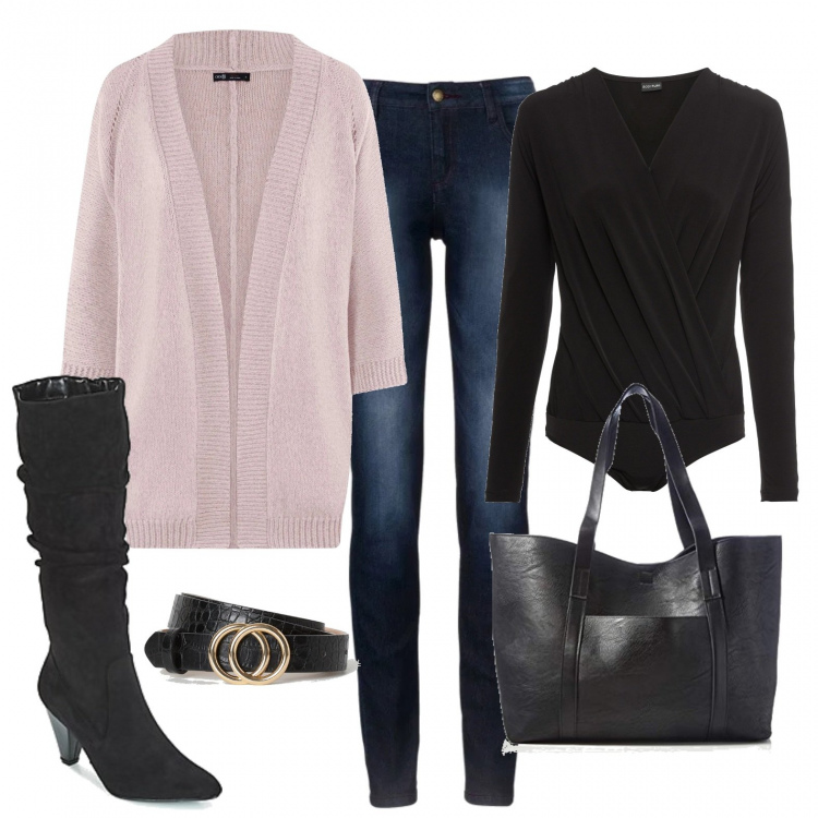 Outfit donna - Cardigan. Stile Urban per Scuola/Università. Abbinamento con jeans skinny, body, stivali, cardigans, shopping bag, cinture.