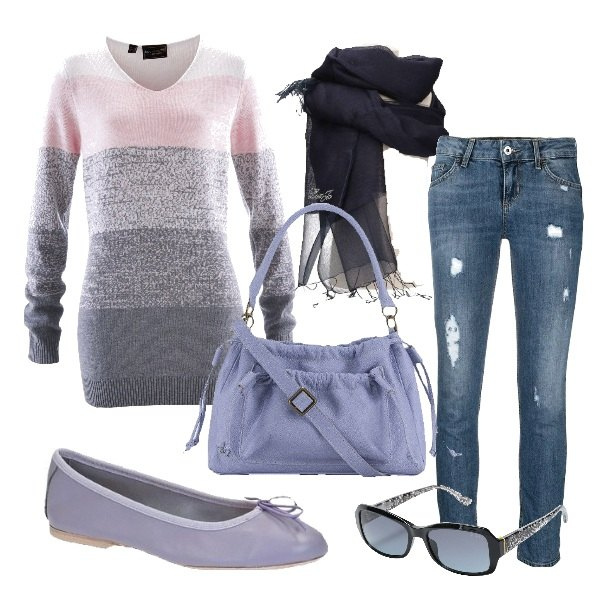 Outfit donna - Il maglione sfumato. Stile Urban per Tutti i giorni. Abbinamento con maglieria, occhiali da sole, sciarpe, ballerine, jeans strappati, borse a mano.