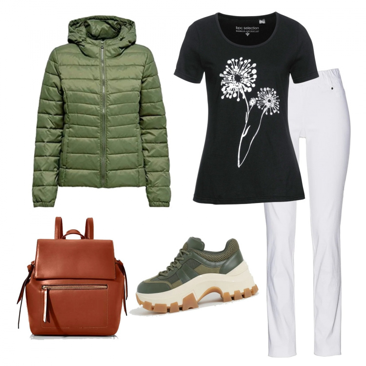 Outfit donna - Tragitto casa lavoro. Stile Urban per Tutti i giorni. Abbinamento con pantaloni, t-shirt, sneakers, blazer, zaini.