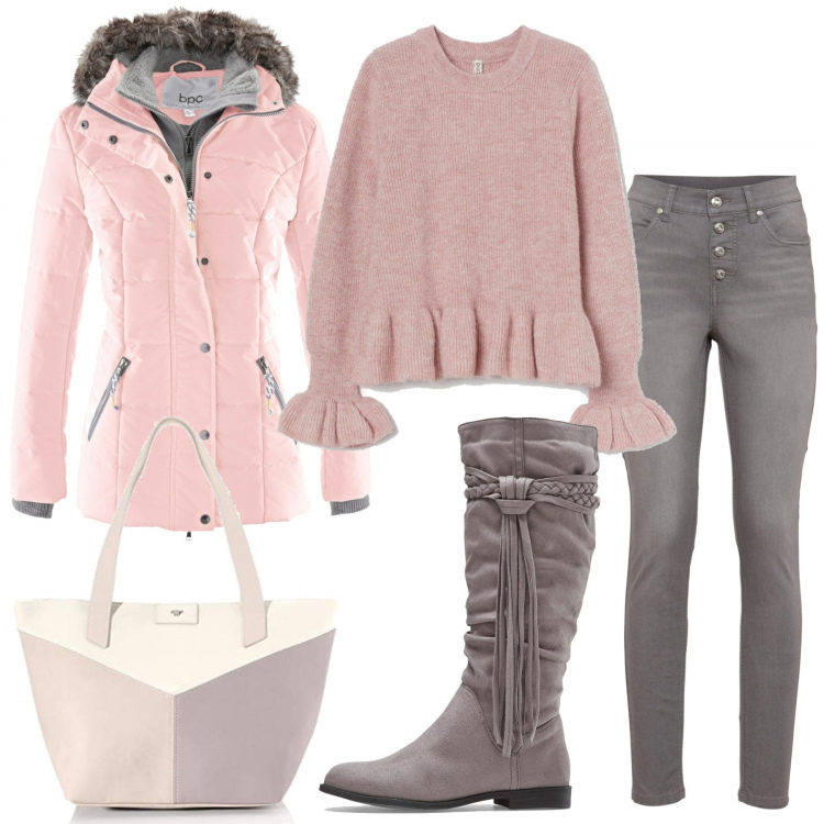 Outfit donna - Sfumature di grigio...o rosa. Stile Urban per Tutti i giorni. Abbinamento con piumini, stivali, jeans, pullovers, borse tote.