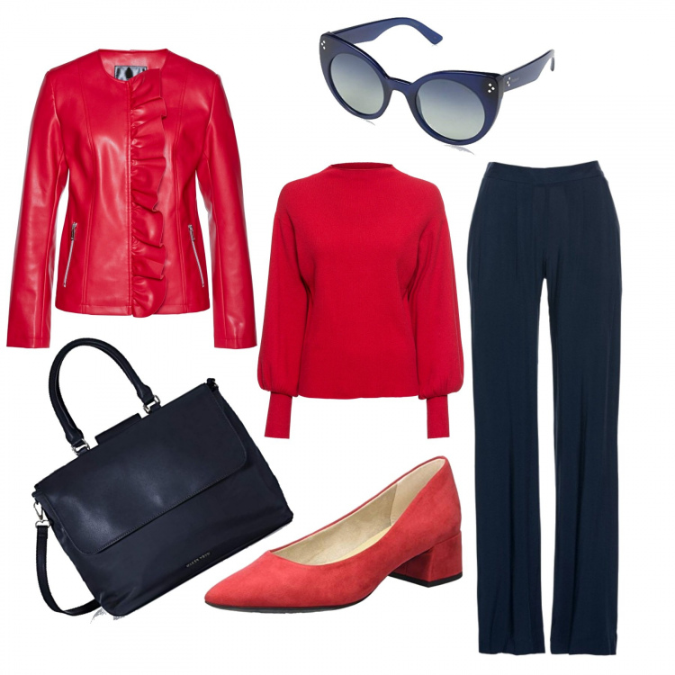 Outfit donna - Curvy in ufficio. Stile Urban per Ufficio. Abbinamento con maglieria, pantaloni, blazer, scarpe col tacco, borse a tracolla, occhiali da sole.