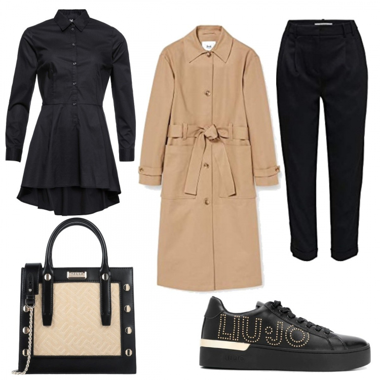 Outfit donna - Look Curvy in ufficio. Stile Basic per Ufficio. Abbinamento con camicie, borse a mano, sneakers, trench, pantaloni.