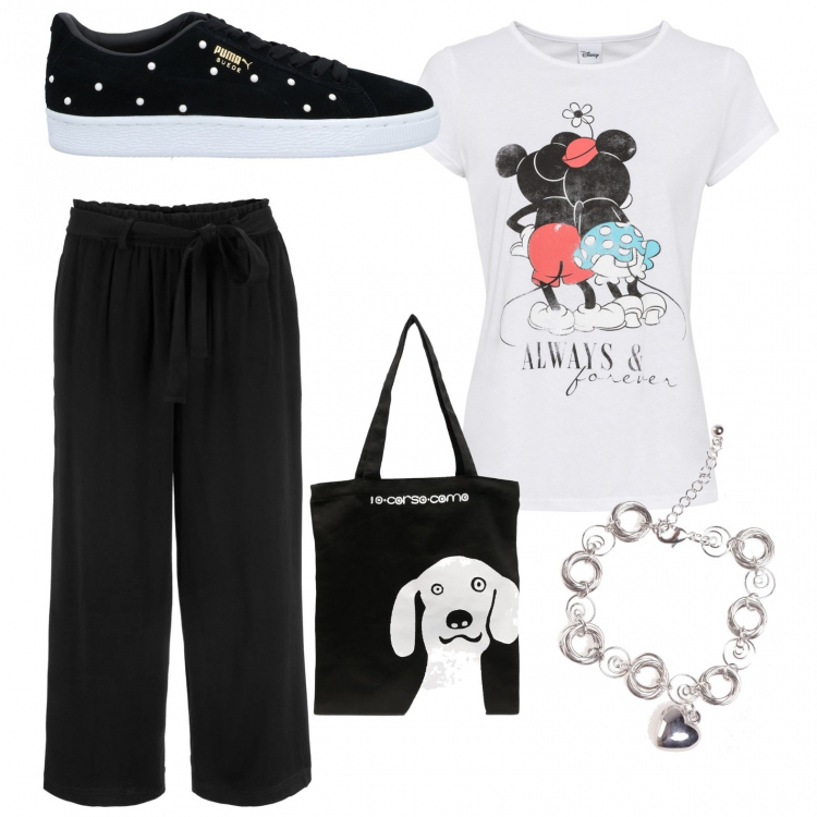 Outfit donna - Basic #6941. Stile Basic per Tutti i giorni. Abbinamento con pantaloni culotte, t-shirt, sneakers, braccialetti, borse tote.