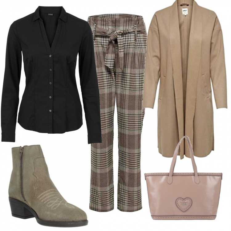 Outfit donna - In ufficio sempre. Stile Trendy per Ufficio. Abbinamento con camicie, borse a mano, pantaloni, stivaletti, cappotti.