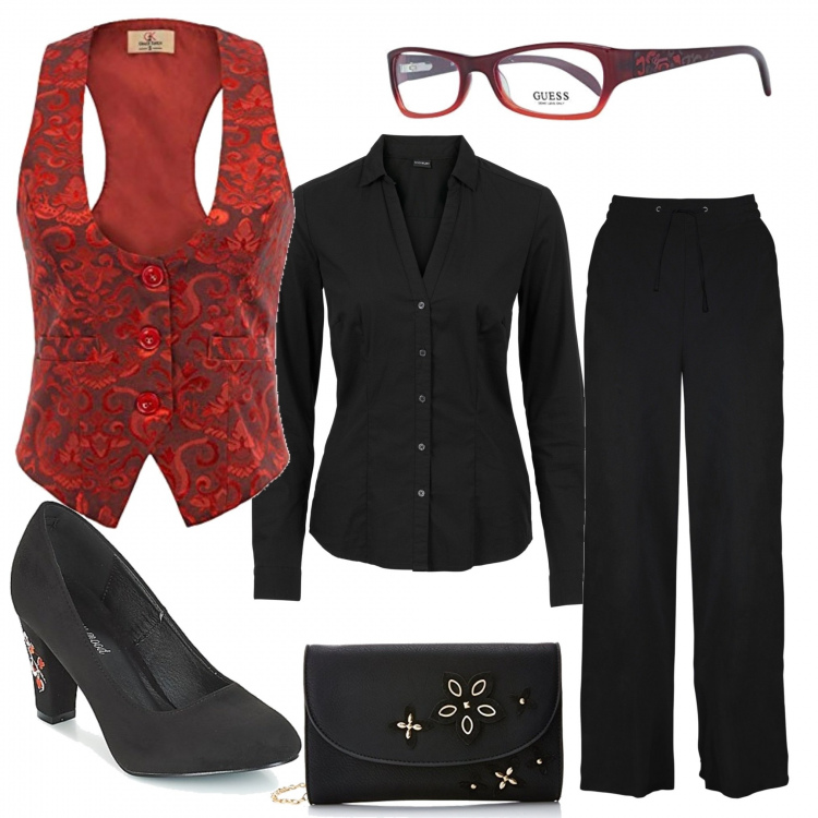 Outfit donna - Il gilet rosso. Stile Chic per Tutti i giorni. Abbinamento con camicie, pantaloni a palazzo, décolleté, gilet, occhiali, pochette.