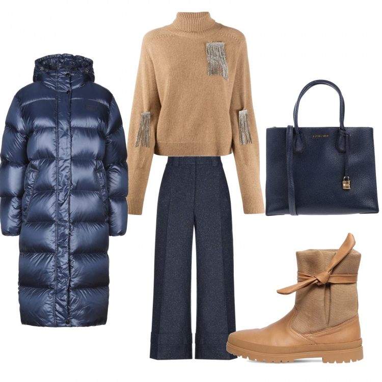 Outfit donna - Shopping in montagna. Stile Basic per Tutti i giorni. Abbinamento con pantaloni, borse a mano, piumini, maglioni, stivali.