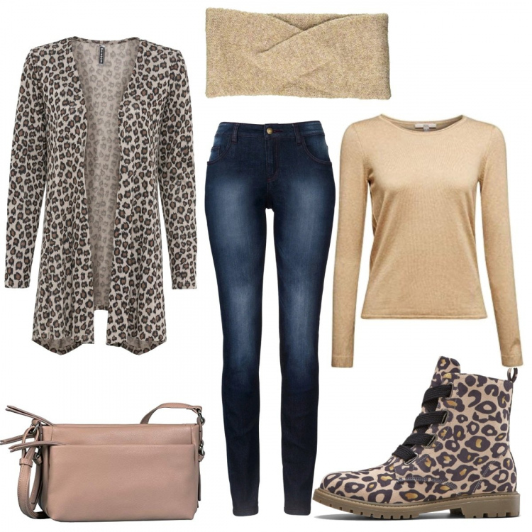 Outfit donna - Stivaletti e cardigan leopardati. Stile Trendy per Tutti i giorni. Abbinamento con jeans skinny, cardigans, stivaletti, pullovers, fasce per capelli, borse a spalla.