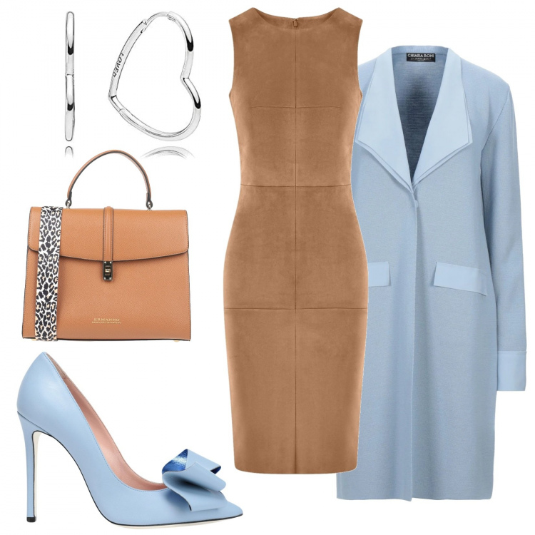 Outfit donna - In ufficio con personalità. Stile Chic per Ufficio. Abbinamento con décolleté, cappotti, borse a tracolla, vestiti midi/longuette, orecchini.