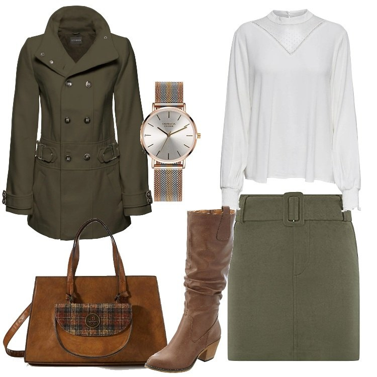 Outfit donna - L\'aperitivo dopo l\'ufficio. Stile Trendy per Tutti i giorni. Abbinamento con stivali, cappotti, camicie, gonne, borse a mano, orologi analogici.