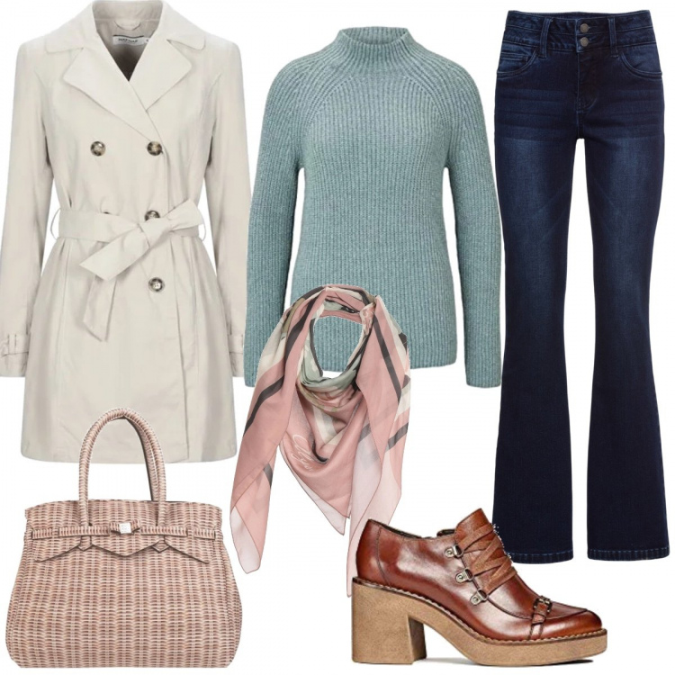 Outfit donna - 70’s. Stile Trendy per Tutti i giorni. Abbinamento con jeans bootcut, borse a mano, cappotti, foulard, scarpe col tacco, maglioni.