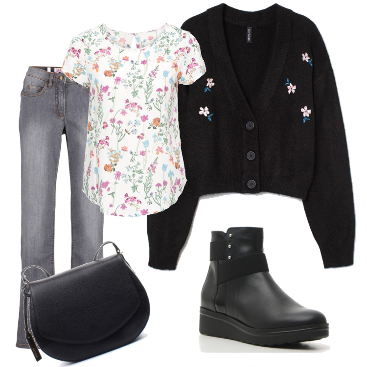 Outfit donna - Casual in nero fiori. Stile Basic per Tutti i giorni. Abbinamento con bluse, jeans dritti, stivaletti, borse a tracolla, cardigans.