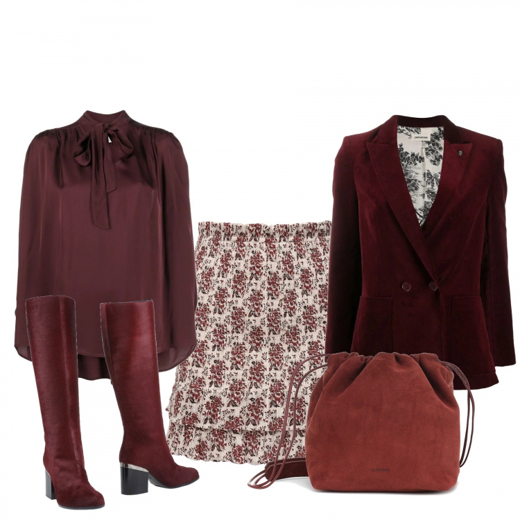 Outfit donna - Bon Ton #3940. Stile Bon Ton per Serata fuori. Abbinamento con stivali, blazer, bluse, gonne, borse a tracolla.