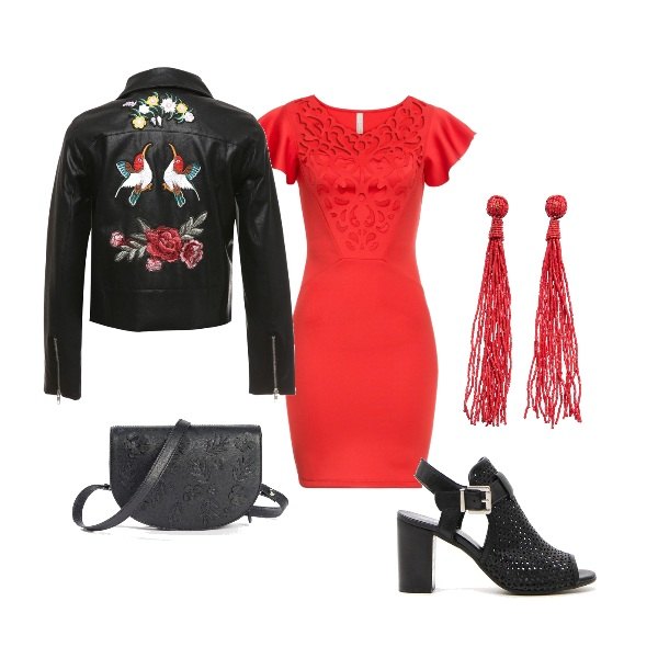 Outfit donna - Il vestito Rosso. Stile Sexy per Serata fuori. Abbinamento con vestiti, giacca fantasia floreale in pelle sintetica, orecchini rosso, sandali.