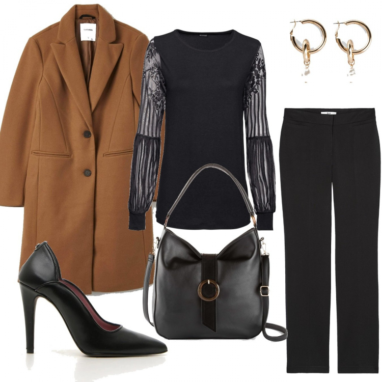 Outfit donna - Basic #7248. Stile Basic per Ufficio. Abbinamento con bluse, orecchini, borse a mano, cappotti, pantaloni a palazzo, décolleté.