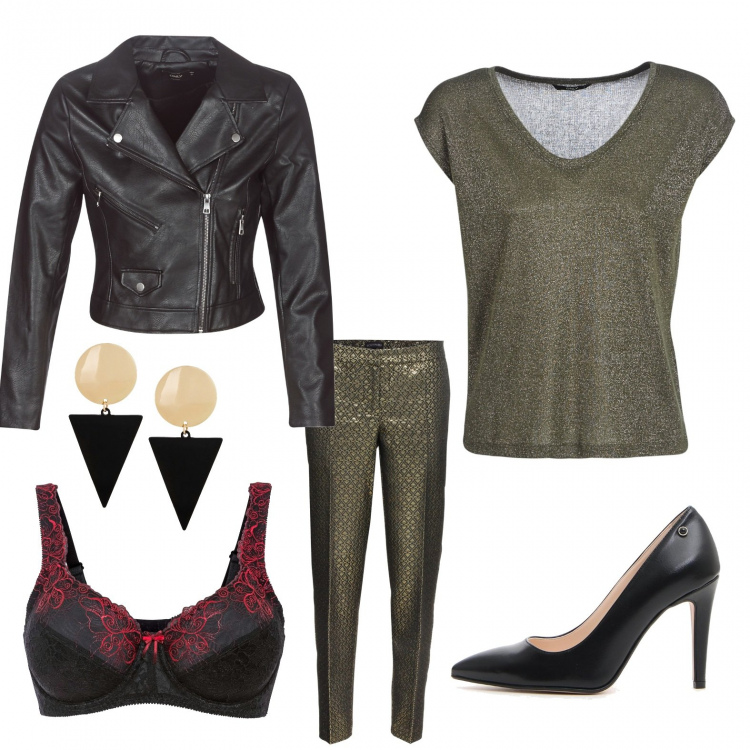 Outfit donna - San valentino Rock. Stile Sexy per Serata fuori. Abbinamento con pantaloni, reggiseni, orecchini, camicie, giacche, décolleté.