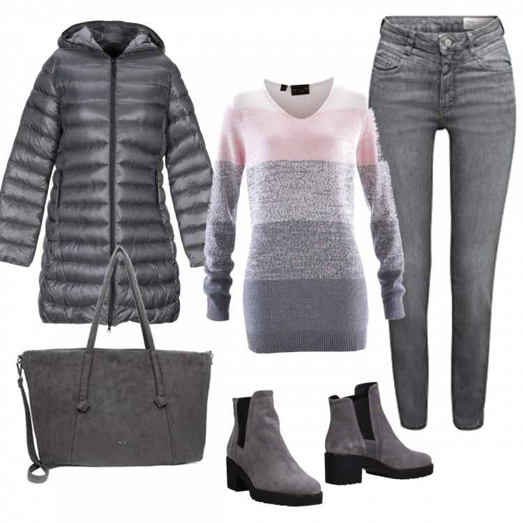 Outfit donna - Basic #7313. Stile Basic per Tutti i giorni. Abbinamento con maglieria, piumini, stivaletti chelsea, jeans, shopping bag.
