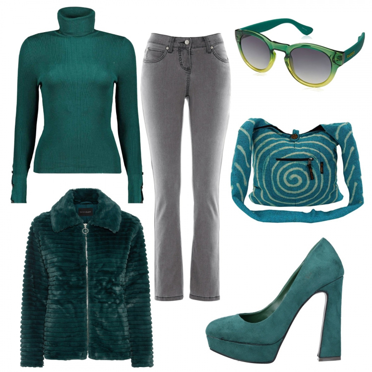 Outfit donna - Sportiva o chic?. Stile Trendy per Serata fuori. Abbinamento con jeans slim fit, ecopellicce, décolleté, maglieria, borse a tracolla, occhiali da sole.