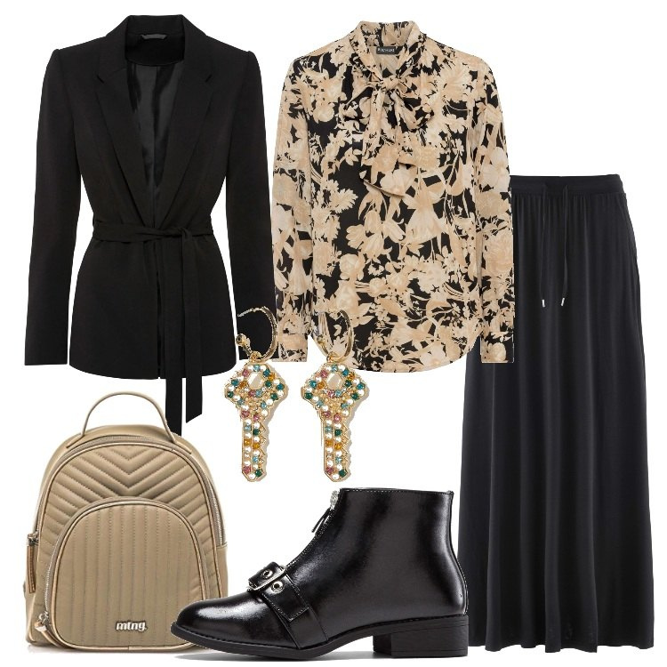 Outfit donna - Stivaletti e gonna lunga. Stile Trendy per Ufficio. Abbinamento con gonne, camicie, blazer, stivaletti, zaini, orecchini.