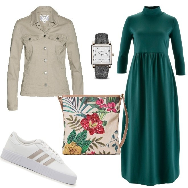 Outfit donna - Abito verde. Stile Basic per Tutti i giorni. Abbinamento con blazer, vestiti midi/longuette, sneakers alte, borse a tracolla, orologi analogici.