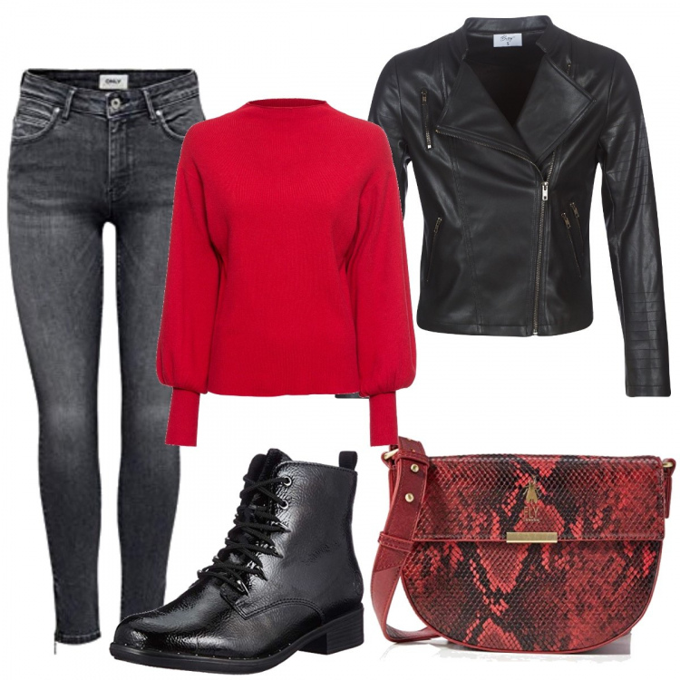 Outfit donna - Sul lavoro con grinta. Stile Rock per Ufficio. Abbinamento con maglieria, giacche, pantaloni, stivaletti, borse a tracolla.
