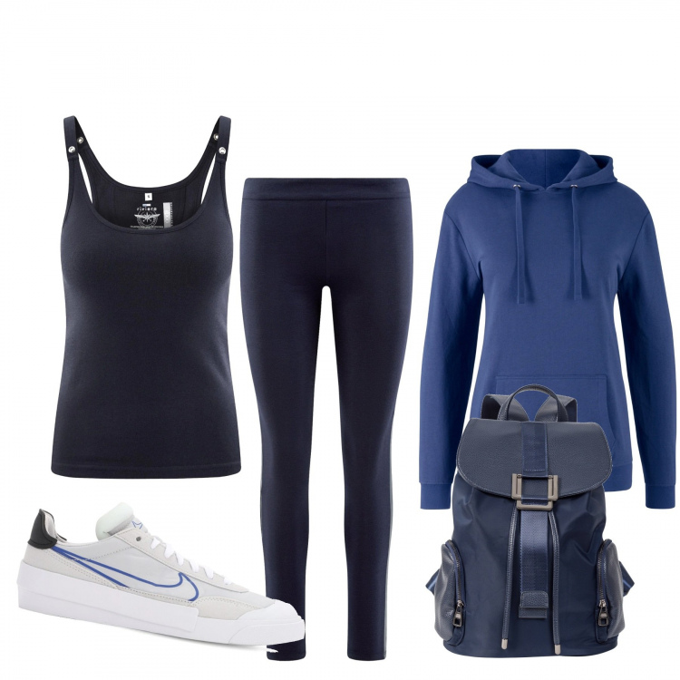 Outfit donna - Basic #7380. Stile Basic per Sport. Abbinamento con felpe con cappuccio, zaini, leggings, canottiere, sneakers.