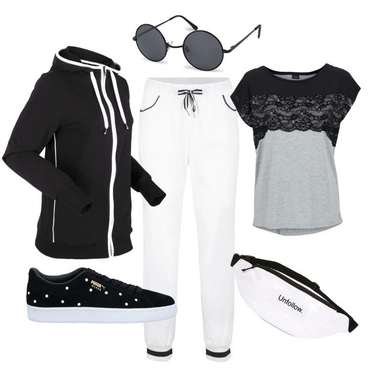 Outfit donna - Una Curvy sportiva. Stile Basic per Sport. Abbinamento con felpe, pantaloni, maglieria, sneakers, marsupi, occhiali da sole.