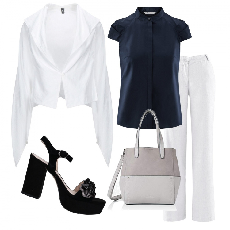 Outfit donna - White. Stile Bon Ton per Serata fuori. Abbinamento con pantaloni, blazer, sandali col tacco, camicie a manica corta, borse tote.