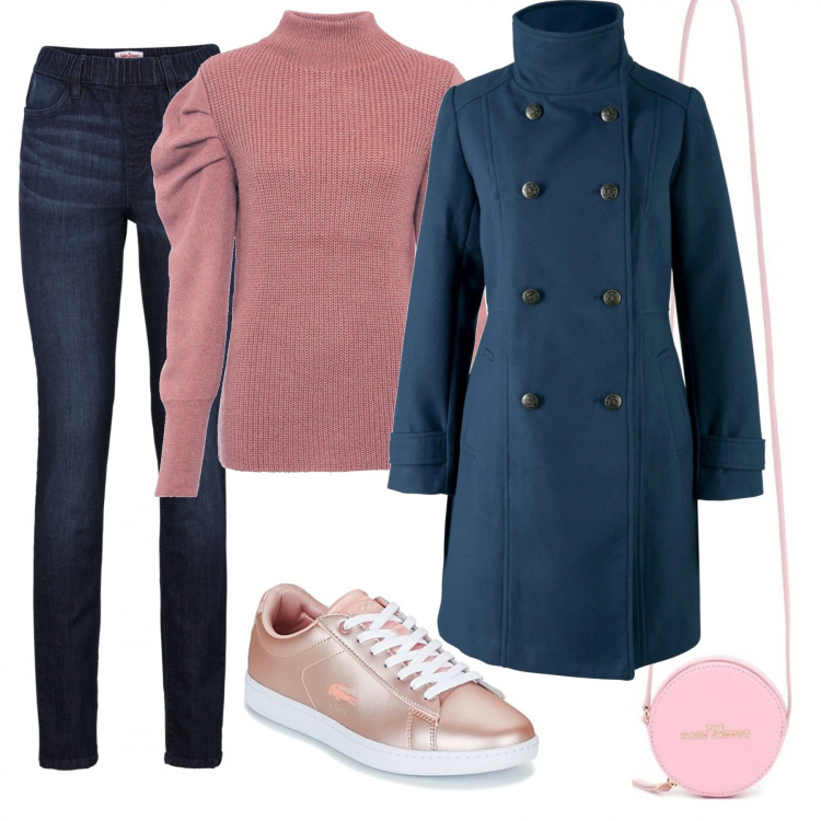 Outfit donna - Cappotto, mini tracolla e sneakers. Stile Urban per Tutti i giorni. Abbinamento con jeggings, maglioni, cappotti, sneakers, borse a tracolla.