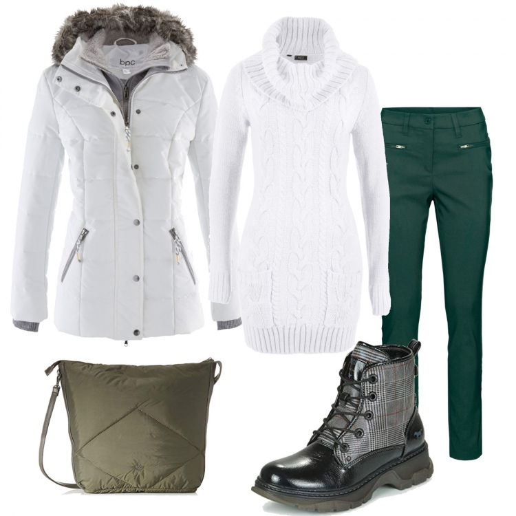 Outfit donna - Verde e bianco. Stile Urban per Scuola/Università. Abbinamento con piumini, pantaloni, vestiti, stivaletti, borse a spalla.