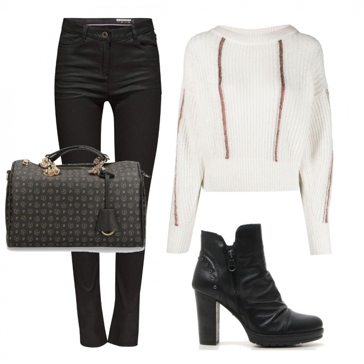 Outfit donna - Total look #934605. Abbinamento con borse a mano, maglioni, pantaloni skinny, stivaletti.