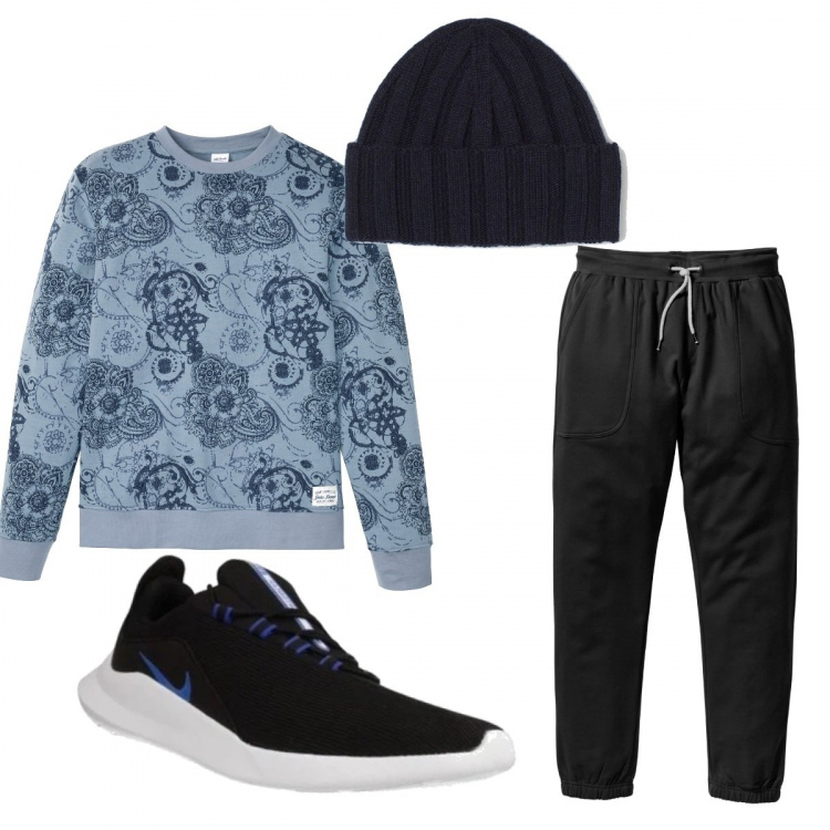 Outfit uomo - A pranzo da mamma. Stile Urban per Tutti i giorni. Abbinamento con pantaloni sportivi, felpe, sneakers, berretti.