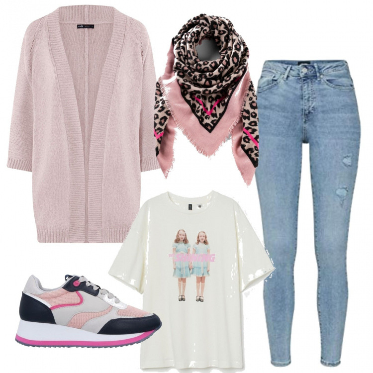 Outfit donna - Basic #7444. Stile Basic per Tutti i giorni. Abbinamento con foulard, sneakers, t-shirt, cardigans, jeans skinny.