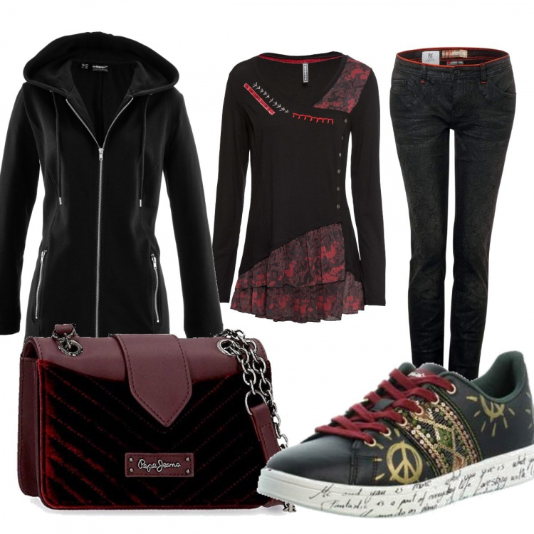 Outfit donna - Sneakers mon amour. Stile Trendy per Tutti i giorni. Abbinamento con felpe sportive, pullovers, sneakers, jeans, borse a spalla.