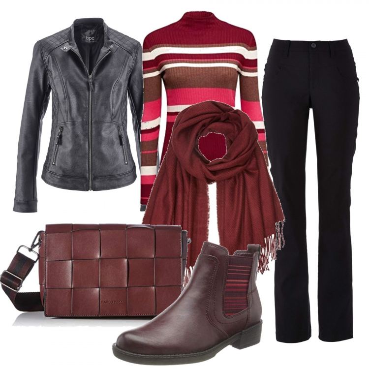 Outfit donna - Basic con tocchi glam. Stile Basic per Tutti i giorni. Abbinamento con pantaloni, cappotti, borse a tracolla, pullovers, stivaletti, sciarpe.