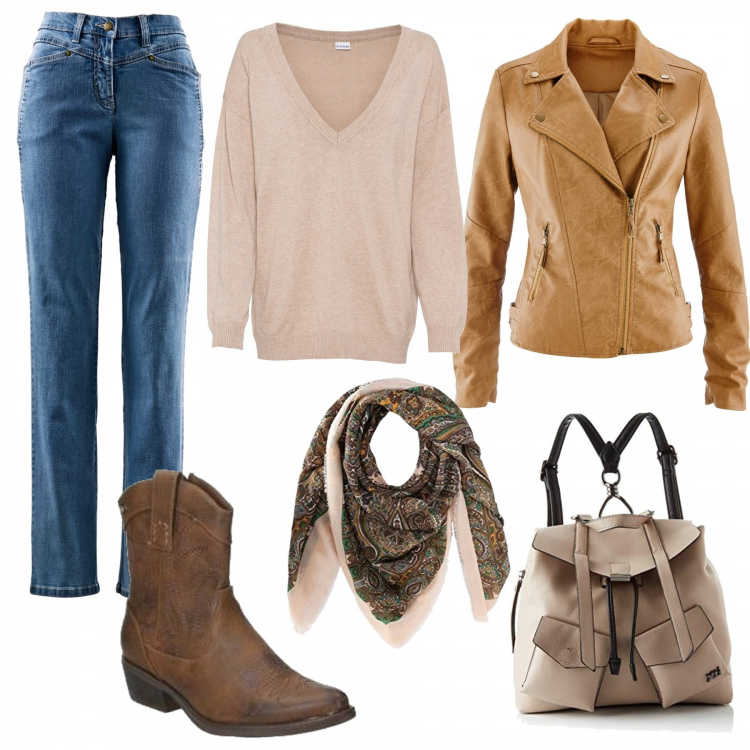 Outfit donna - Monday style : ambiente informale. Stile Basic per Ufficio. Abbinamento con maglieria, blazer, pantaloni, stivaletti, zaini, foulard.