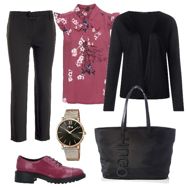 Outfit donna - Easy in ufficio. Stile Basic per Ufficio. Abbinamento con bluse, scarpe stringate, pantaloni chino, cardigans, borse tote, orologi.