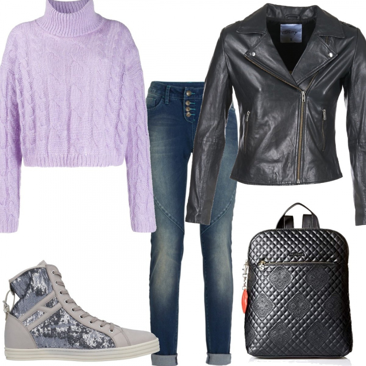 Outfit donna - Basic #7536. Stile Basic per Scuola/Università. Abbinamento con jeans boyfriend, sneakers alte, blazer, maglioni, zaini.