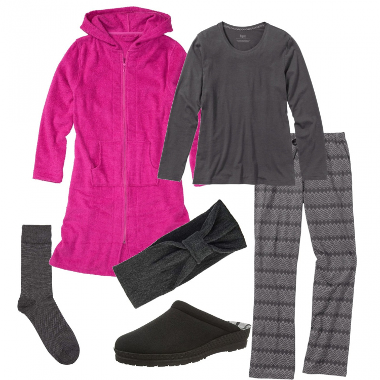 Outfit donna - Accappatoio e pigiama. Stile Basic per Tutti i giorni. Abbinamento con accappatoi, pigiama, calzini, ciabatte, fasce per capelli.