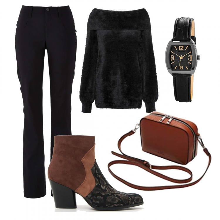 Outfit donna - Trendy #14321. Stile Trendy per Tutti i giorni. Abbinamento con pantaloni, maglioni, borse a tracolla, stivaletti texani, orologi analogici.