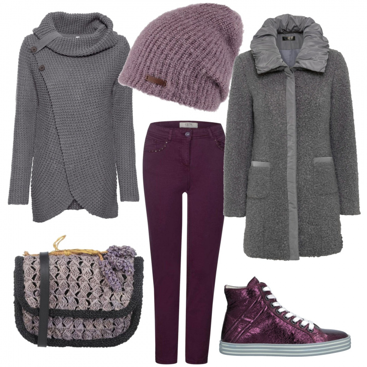 Outfit donna - Le snickers alte. Stile Trendy per Tutti i giorni. Abbinamento con maglieria, giacche, sneakers, borse a tracolla, jeans slim fit, berretti.
