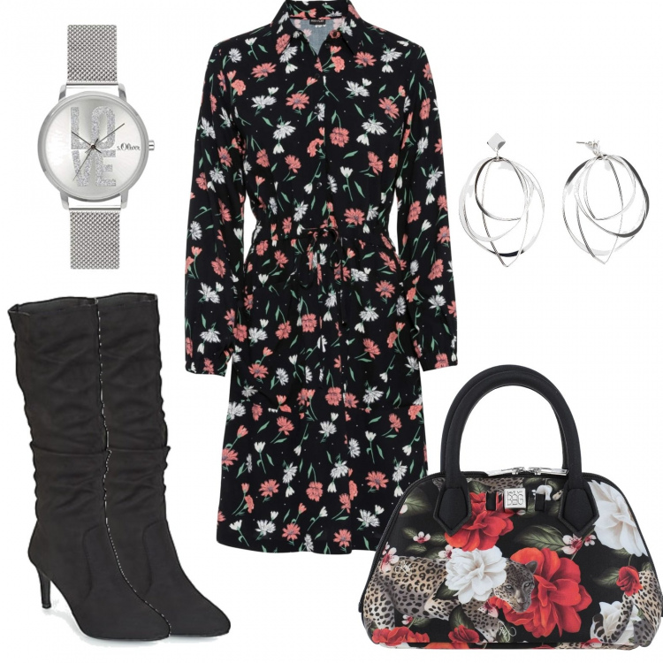 Outfit donna - Outfit fiorito. Stile Bon Ton per Serata fuori. Abbinamento con vestiti a tubino, jeans dritti, borse a mano, stivali, orologi analogici.