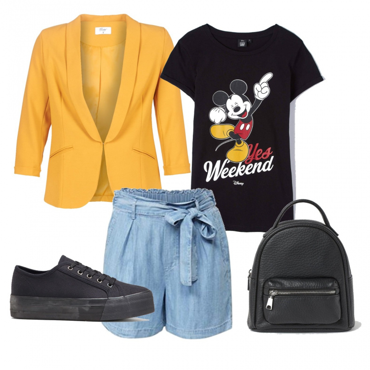 Outfit donna - Passeggiata al mare. Stile Trendy per Tutti i giorni. Abbinamento con sneakers, t-shirt, giacche, pantaloni corti, zaini.
