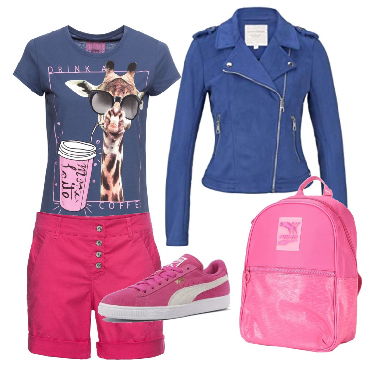 Outfit donna - Passeggiata con le amiche. Stile Basic per Tutti i giorni. Abbinamento con t-shirt, shorts, zaini, sneakers, blazer.