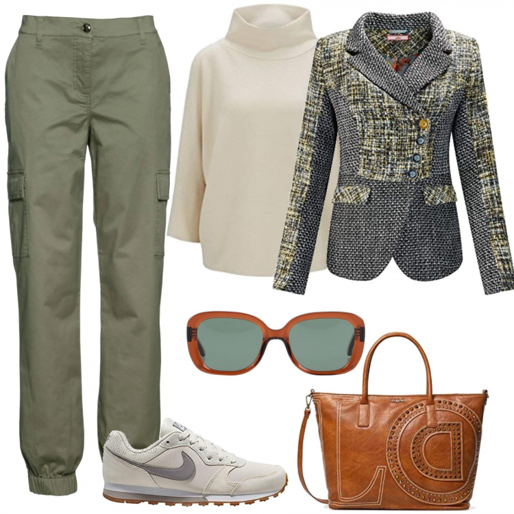 Outfit donna - Informale in ufficio. Stile Trendy per Ufficio. Abbinamento con pantaloni cargo, occhiali da sole, blazer, sneakers, borse a mano, maglioni.