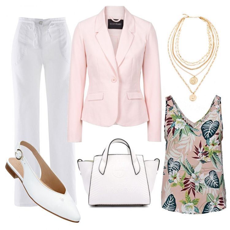 Outfit donna - Passeggiata estiva. Stile Bon Ton per Serata fuori. Abbinamento con blazer, pantaloni a palazzo, ballerine, collane, borse a mano, canottiere.